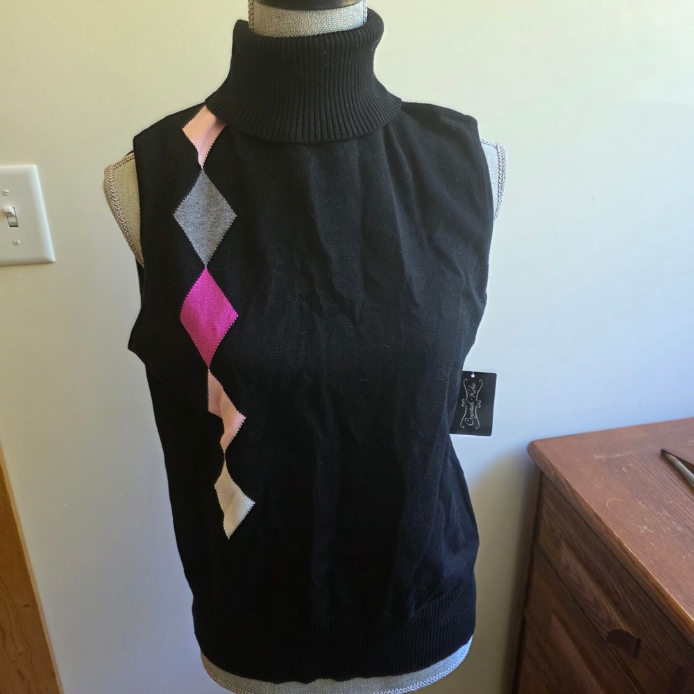 Vintage Academia Preppy XL Black Argyle Turtleneck Sweater Vest Cotton NOS